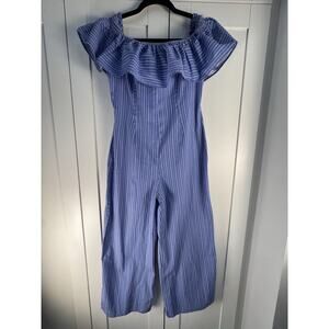 Privy Off Shoulder Jumpsuit Blue White Stripe Ruffle Wide Leg Womens M